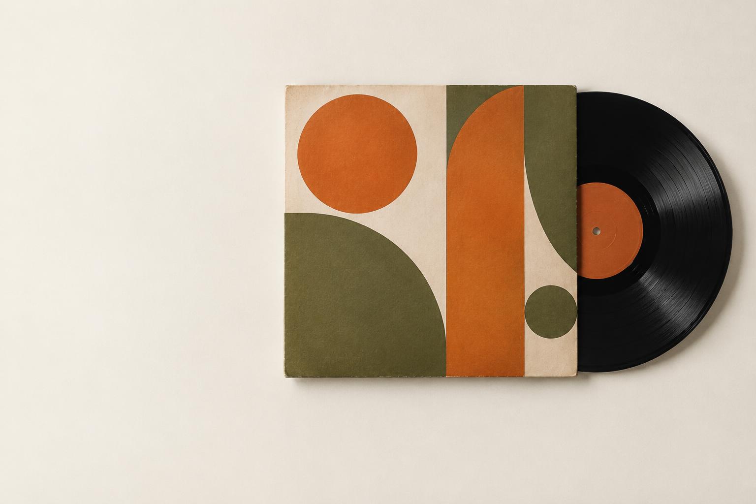 Disco de vinil com capa editorial em laranja e verde oliva